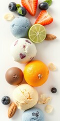 Assorted ice cream scoops arranged with fresh fruits and nuts on a white surface for a colorful dessert display