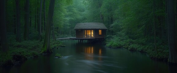 Cabin on stilts over tranquil river, surrounded by lush, dense green forest. Soft light emanates