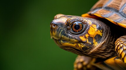 Obraz premium Turtle shows a close-up detailed view of its head and shell against a blurred green background.