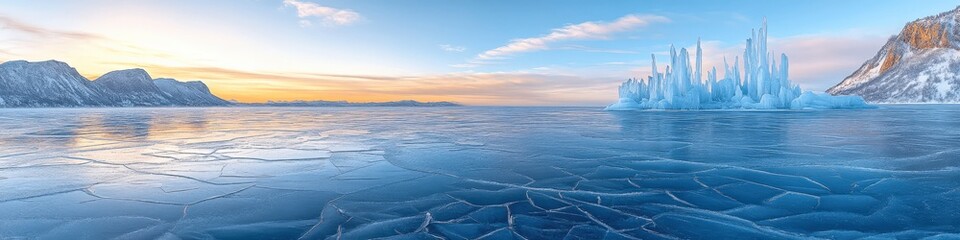 Stunning Panoramic View of Frozen Lake at Sunset with Crystalline Ice Formations, Mountains, and Dramatic Sky Reflecting Winter Beauty and Cold Wilderness Landscape