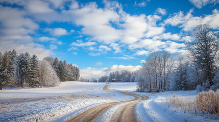 Fototapeta premium Dirt road leading to frosted woodland along snowy farmland under blue sky with white fluffy clouds