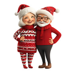 Fototapeta premium Elderly couple dressed in festive Christmas attire smiling joyfully against a transparent background, elderly couple wearing christmas clothes on transparent background