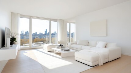 Modern, bright living room with city views