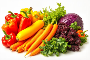 Pile of fresh colorful vegetables including peppers, carrots, and cabbage, vibrant natural colors, representing healthy eating and harvest against white background with copy space