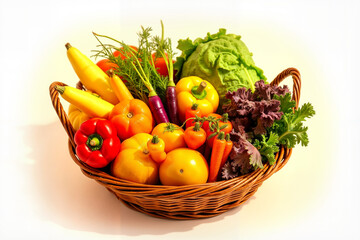 Rainbow vegetable flatlay concept, vibrant produce assortment in wicker basket, healthy eating, isolated on white background