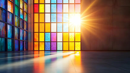 Colorful Stained Glass Window In Modern Industrial Interior