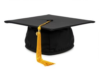 Black graduation cap with gold tassel symbolizing academic achievement on a white background