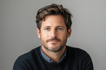Obraz premium Charming male with captivating blue eyes and tousled hair presents a warm smile against a neutral backdrop indoors
