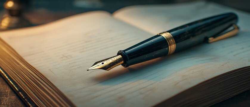 Elegant fountain pen resting on aged book pages displaying literary sophistication