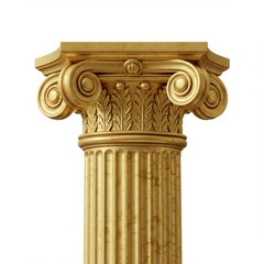 Obraz premium Golden Ionic column with ornate capital and fluted shaft showcasing marble texture and classical Greek design isolated on a white background