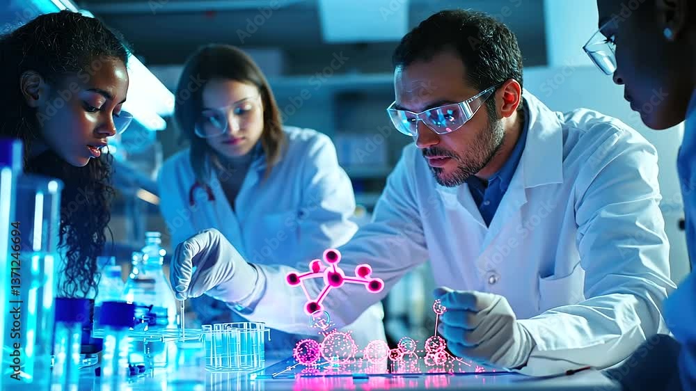 Poster a professor passionately teaches students about cell structures in a dynamic lab setting.