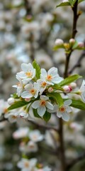 Obraz premium Cherry blossoms bloom in spring, showcasing delicate white flowers against a blurred background