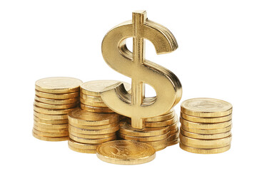 Obraz premium Golden Bitcoin stacks alongside a dollar sign