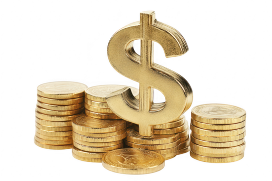 Golden Bitcoin stacks alongside a dollar sign