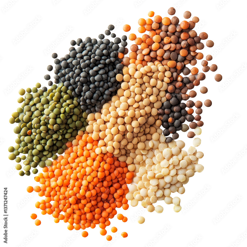Poster a variety of lentils in different colors spread out on a transparent background highlighting their n
