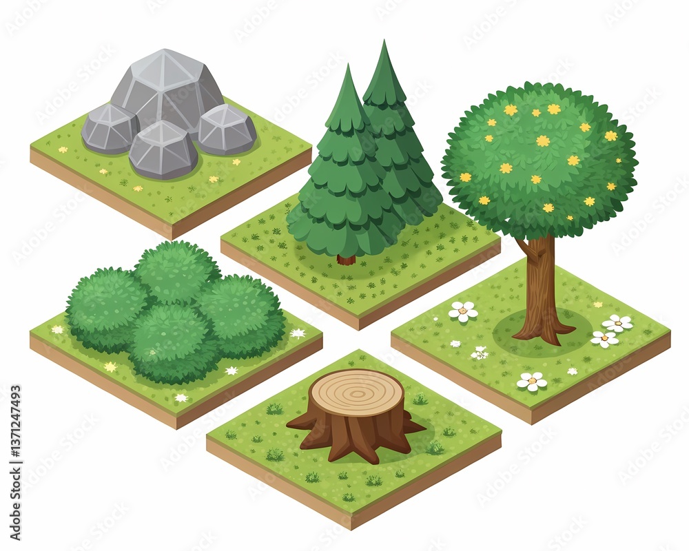 Poster isometric nature assets pack for game development tree rock bush and stump design elements for rpg g