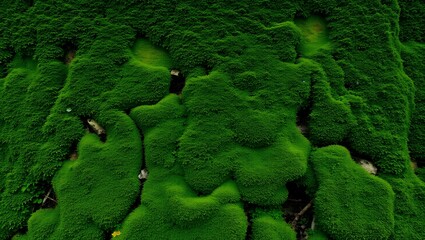 Close-up of vibrant green moss covering wall rock, natural texture. Lush environment concept.