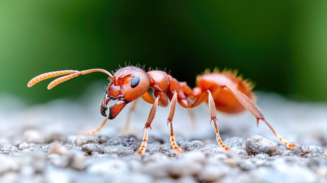 Close-up of a vibrant red ant on a stone surface