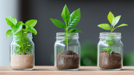 Plants growing in recycled mason jars new growth gardening herbs food indoors