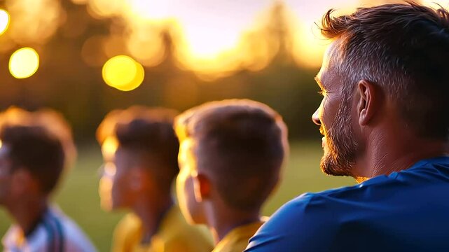 A dedicated soccer coach guides a youth team during an evening practice under glowing field lights.