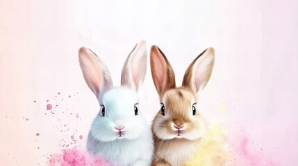 Obraz premium Two cute bunnies, one white and one brown, are posing side by side against a pastel background.