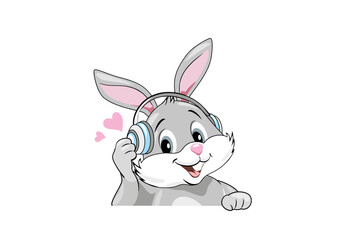 Smiling bunny listen to music in headphones