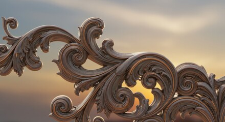 Intricate Rococo Style Carving  Ornament Detail Against a Sunset Backdrop