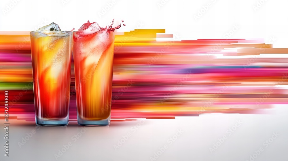 Poster two drinks with ice rest on a reflective surface against a colorful striped abstract backdrop.