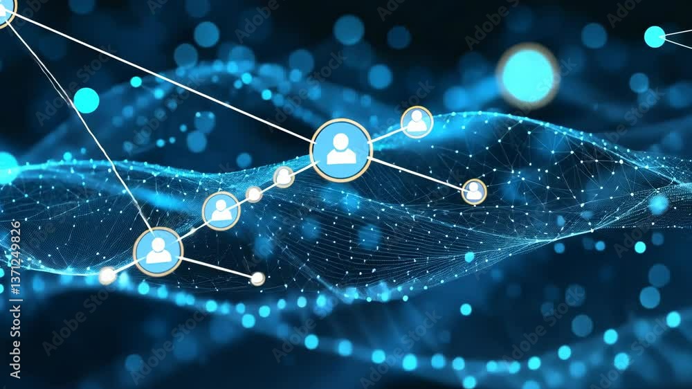 Poster networking connections illuminated in blue tones with abstract waves and dots representing data flow