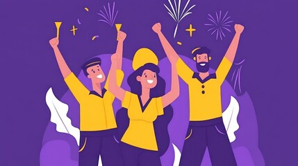 Celebration Scene with Joyful People in Uniforms Holding Horns and Raising Fists Against a Fest