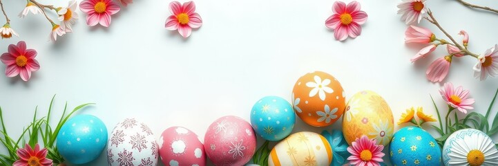 Colorful decorated Easter eggs with flowers arranged on a white background in spring celebration