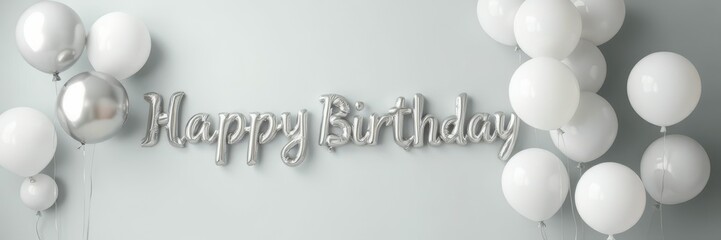 Celebration decor featuring silver balloon letters and white balloons for a birthday event in a minimalistic setting
