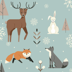 Winter deer and animals on blue background