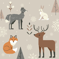 Winter forest animals with snowflakes