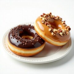 Delicious chocolate and caramel donuts topped with nuts, perfect for a sweet treat.