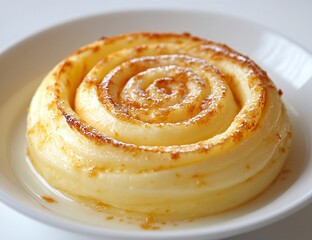 A delectable swirl of creamy, golden-brown baked goodness, delicately dusted with powdered sugar.  A delightful treat!