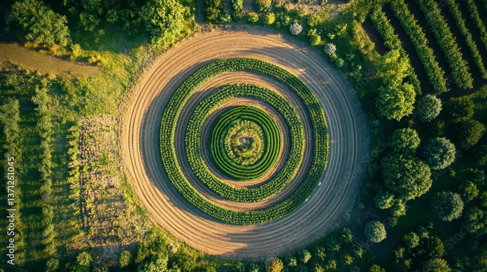 Poster aerial view of circular farm field pattern.