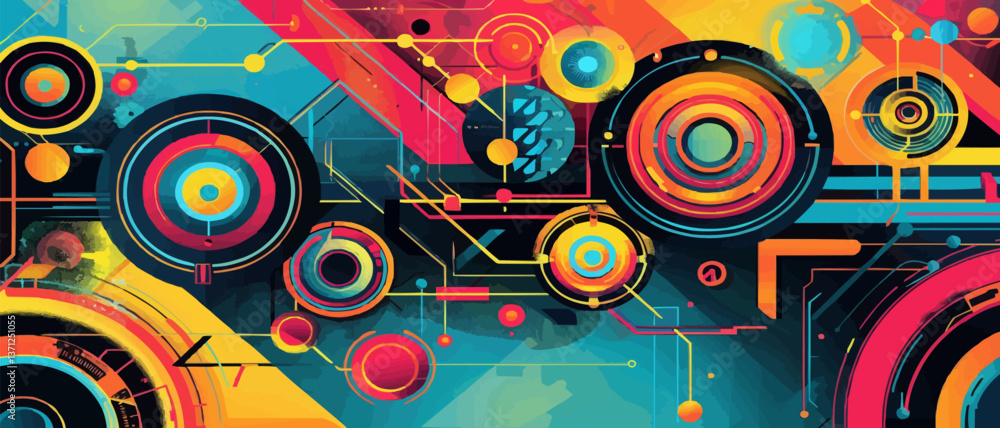 Poster illustration of abstract background with various colorful geometric shapes and lines forming bright 