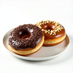 Delicious chocolate and caramel donuts topped with sprinkles and nuts, ideal for a sweet treat or dessert.