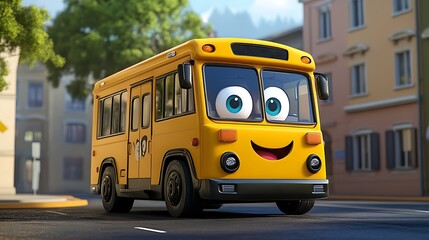 Happy cartoon bus with a smiling face and colorful eyes picture