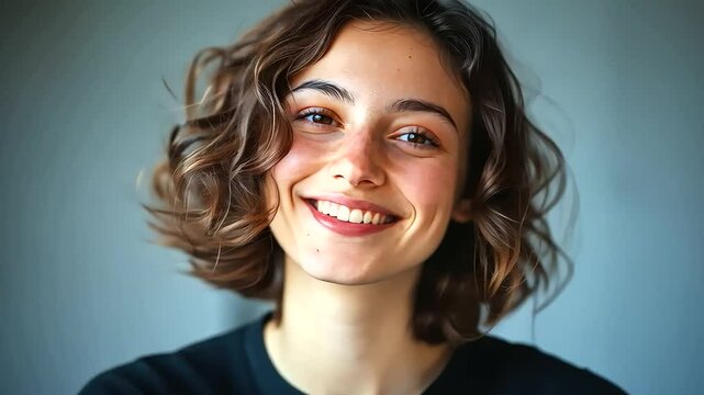 A young woman exudes natural charm and confidence, smiling warmly under soft studio lighting.