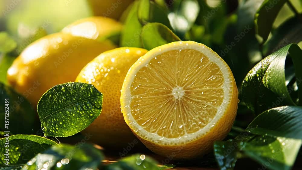 Poster fresh lemons with green leaves creating a vibrant natural setting generative ai