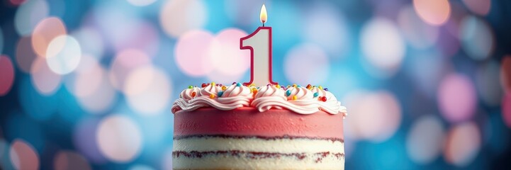Birthday cake with a single candle for a first birthday celebration in a colorful setting