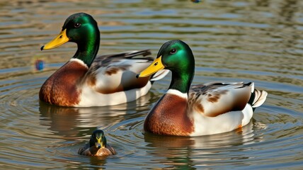 Obraz premium Ducks swimming gracefully in calm water at a park pond during the afternoon