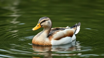 Fototapeta premium Duck gliding gently across a serene pond while creating ripples in the calm water on a sunny day