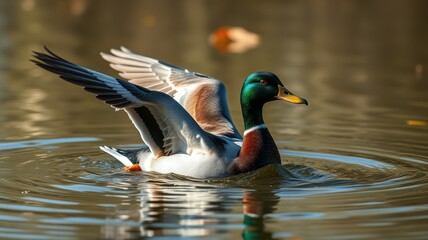Mallard duck gracefully flapping wings while swimming in a serene lake surrounded by autumn foliage
