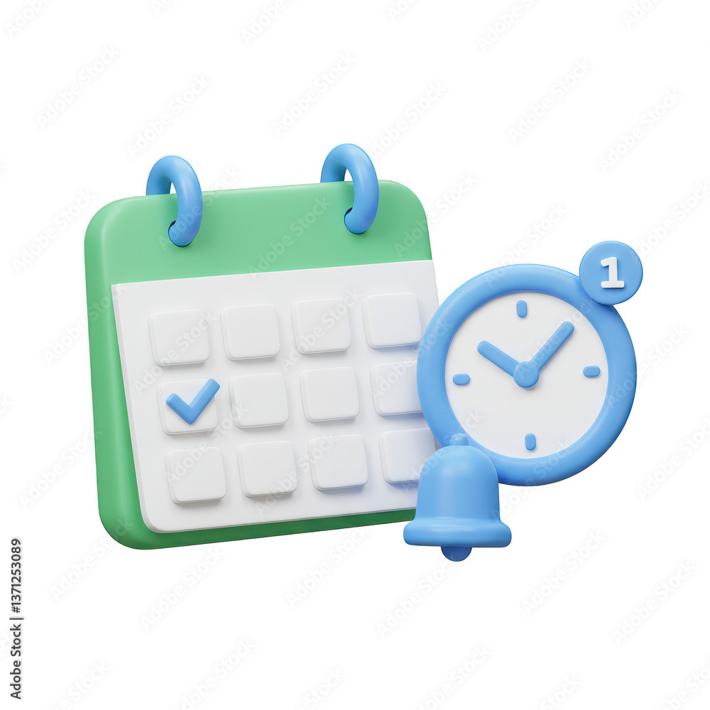 Poster a 3d illustration of a green calendar and a blue checkmark marking a specific day isolated on transp