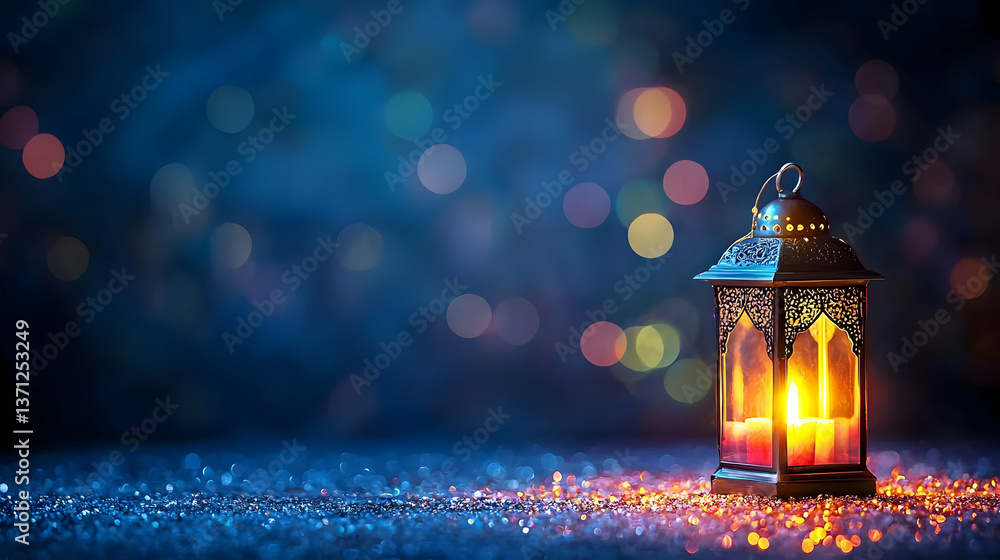 Poster glowing decorative lantern with bokeh background