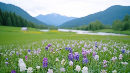 Obraz premium Lush meadow wildflowers, mountains, and river