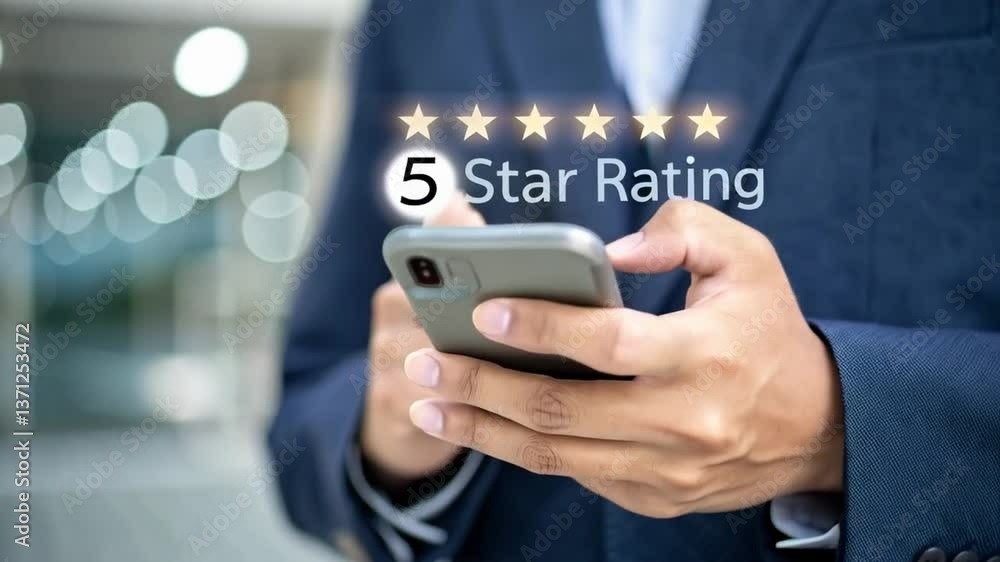 Poster A man in a suit holds a phone with a five star rating displayed on the screen above the device